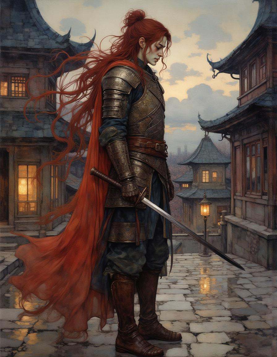 warrior standing in profile,  long flowing dark red hair,  intricate armor with metallic and ornate details on Tensor.Art