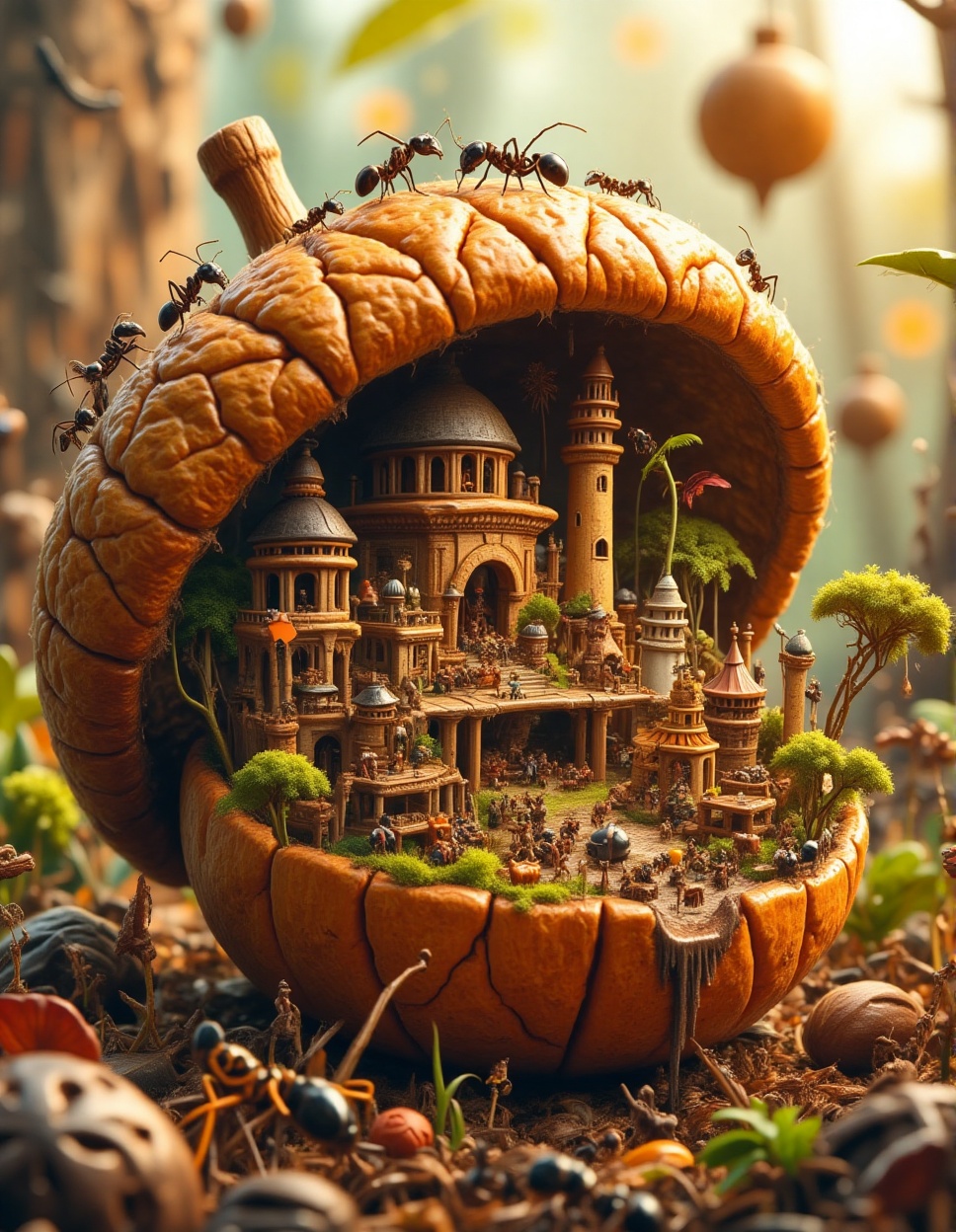 Micro-world illustration,  a bustling ant city constructed inside a hollowed-out acorn,  detailed architecture on Tensor.Art