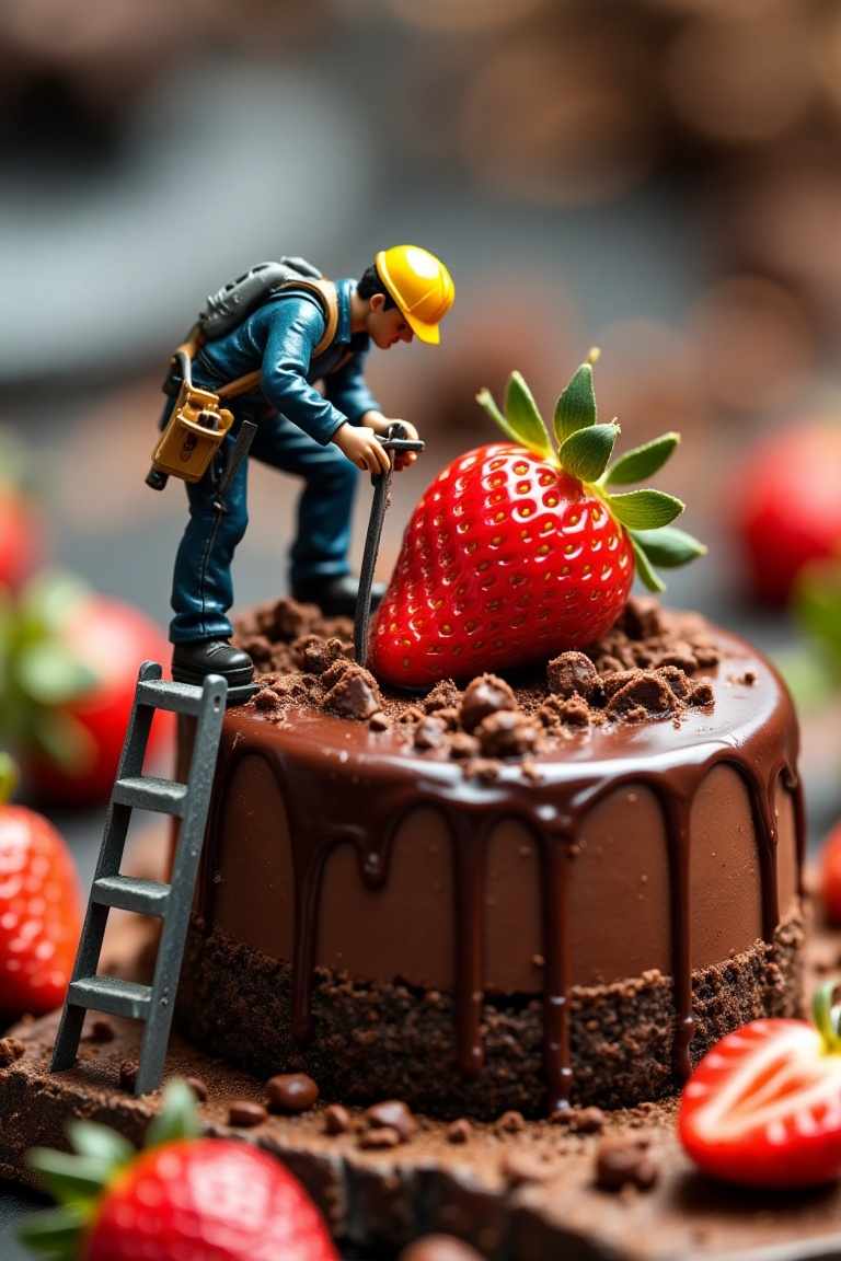 ABM_Macro Miniature World,  a miniature workers climb a chocolate cake with strawberry on top. on Tensor.Art