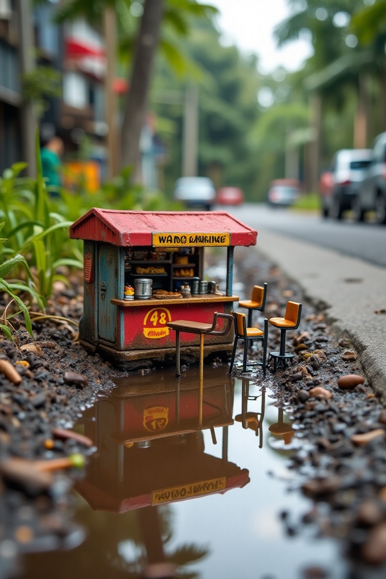 ABM_Macro Miniature World,  a miniature warung mamak set at road drain beside puddle. on Tensor.Art