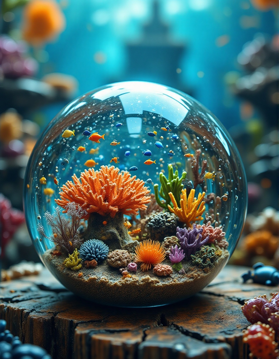 Miniature underwater scene,  a coral reef within a glass orb,  tiny fish and sea creatures on Tensor.Art