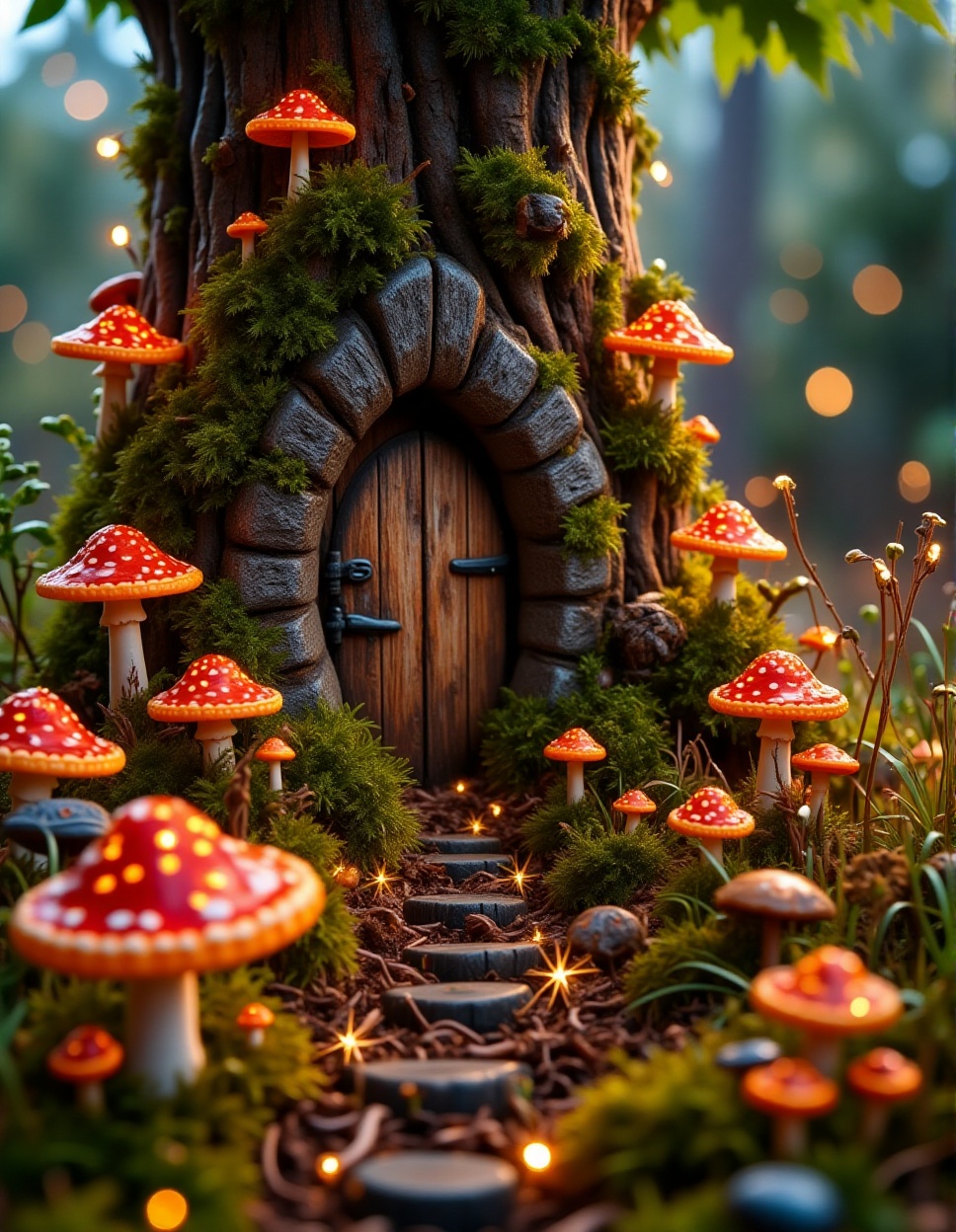 Fairy garden miniature,  a hidden doorway at the base of a tree,  glowing mushrooms on Tensor.Art