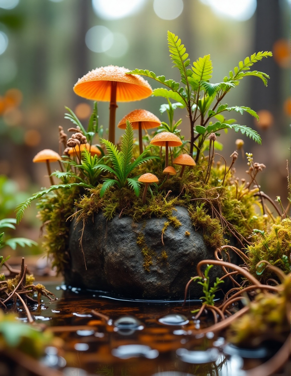 Tiny landscape,  a miniature forest grown on a mossy rock,  miniature mushrooms and ferns on Tensor.Art