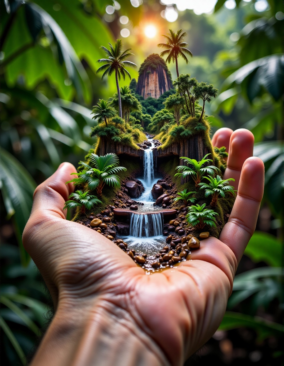 A mesmerizing macro shot: a gigantic human hand cradles a breathtakingly detailed miniature mountain with a cascading wate...