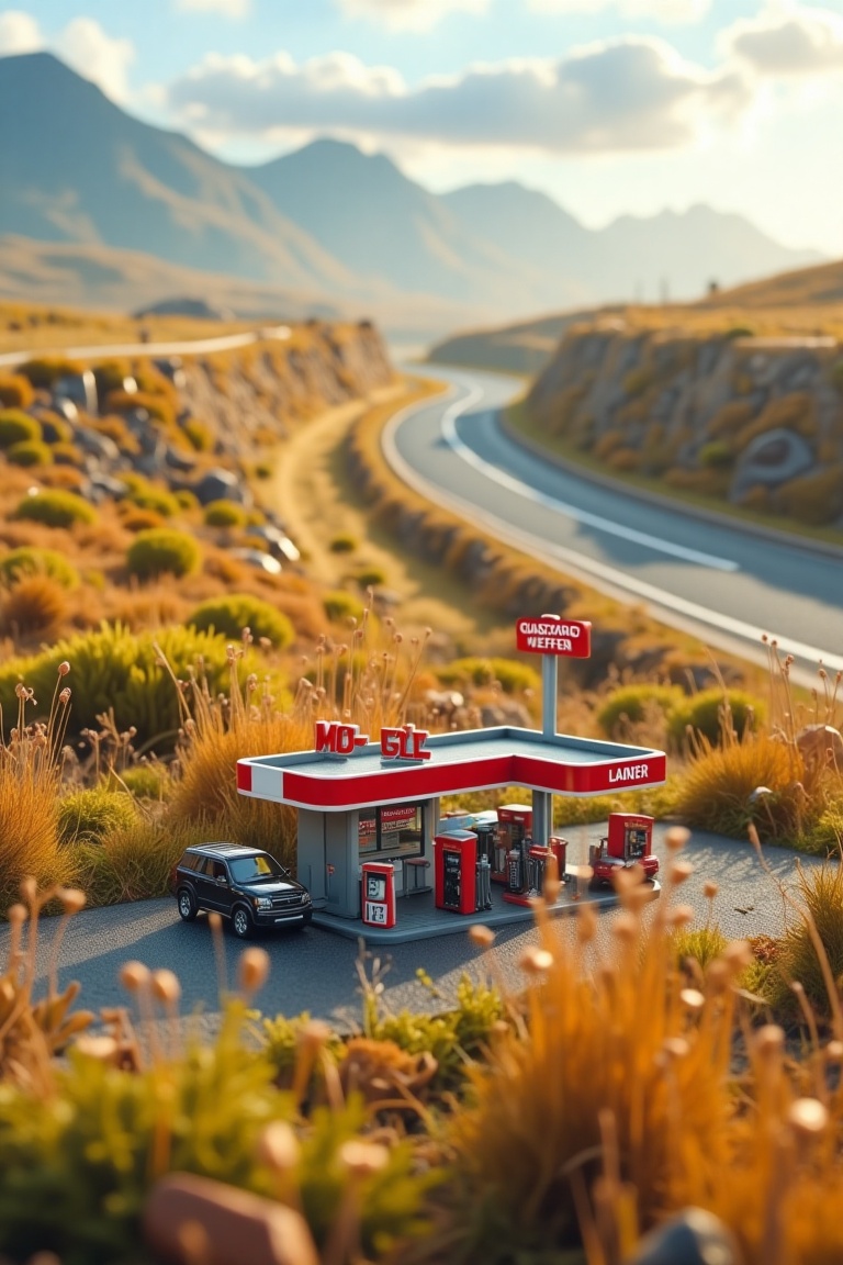 ABM_Macro Miniature World,  a miniature gas station set at beside a huge road with tall grass. on Tensor.Art