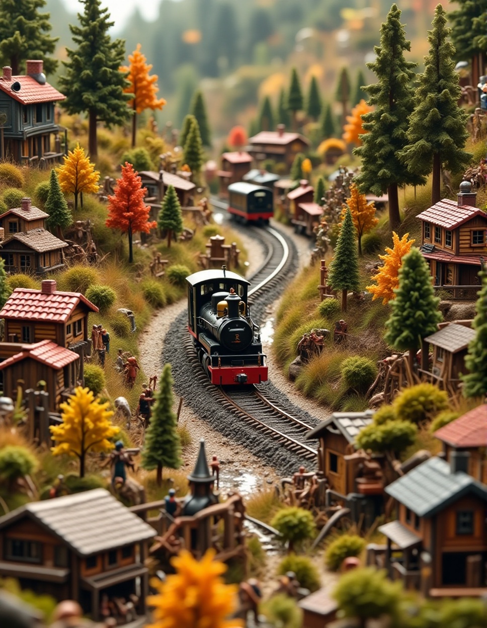 Miniature train set world,  a tiny train winding through a meticulously crafted landscape,  miniature houses and trees on...