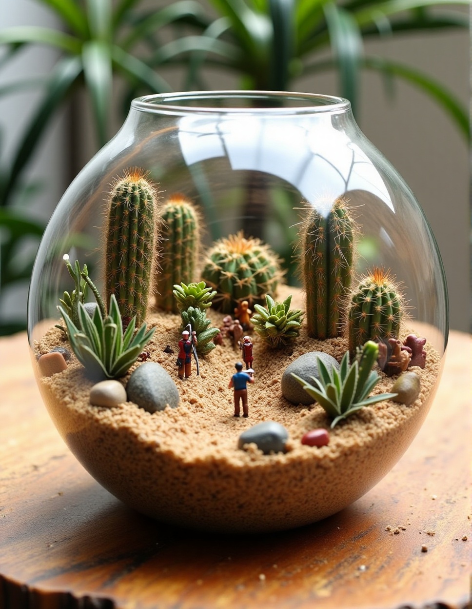 Terrarium art,  a miniature desert landscape with tiny cacti and succulents,  miniature figures exploring on Tensor.Art