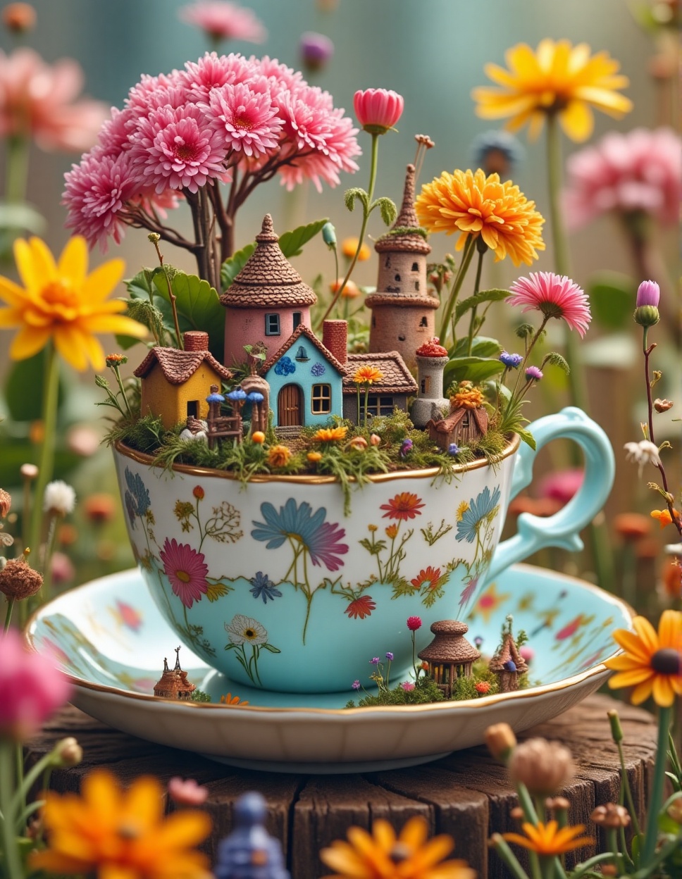 A miniature diorama of a tiny village nestled within the rim of a giant teacup,  captured in stunning macro photography. T...
