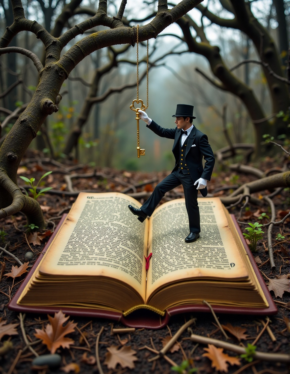 A miniature world unfolding before us,  where a dapper gentleman in three-piece suit and top hat ascends the worn,  yellow...