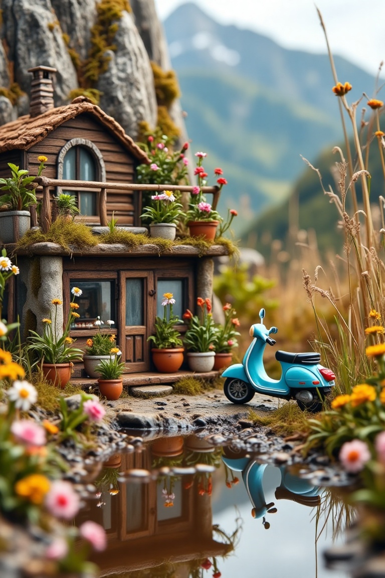 ABM_Macro Miniature World,  a detailed miniature spa shop beside a puddle,  mountain on Tensor.Art