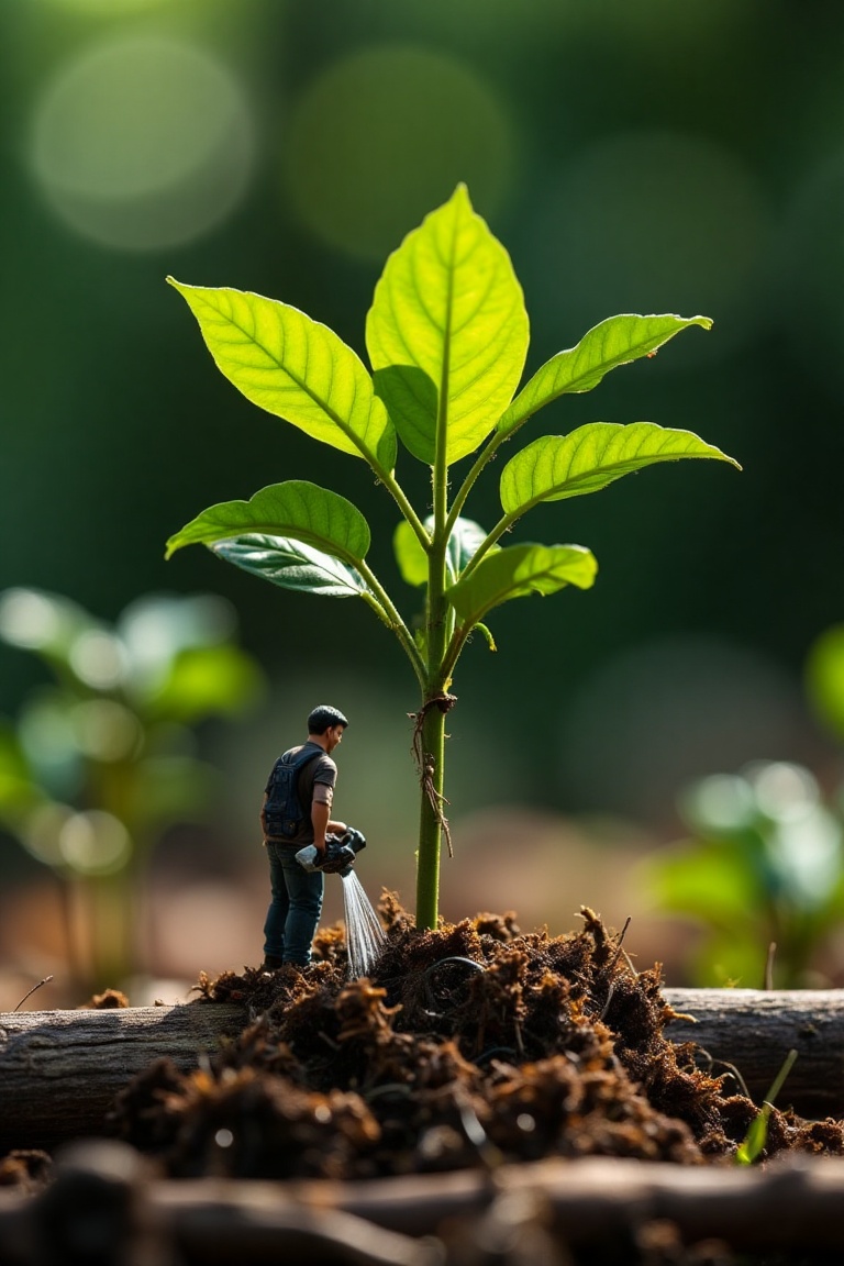ABM_Macro Miniature World of a miniature man watering a plant stem. Real plant stem with leaves growing from an old log,...