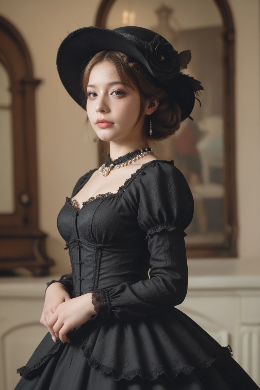 a Victorian-era gothic woman standing elegantly,  ,  long flowing Victorian dress with intricate lace details and a on Ten...