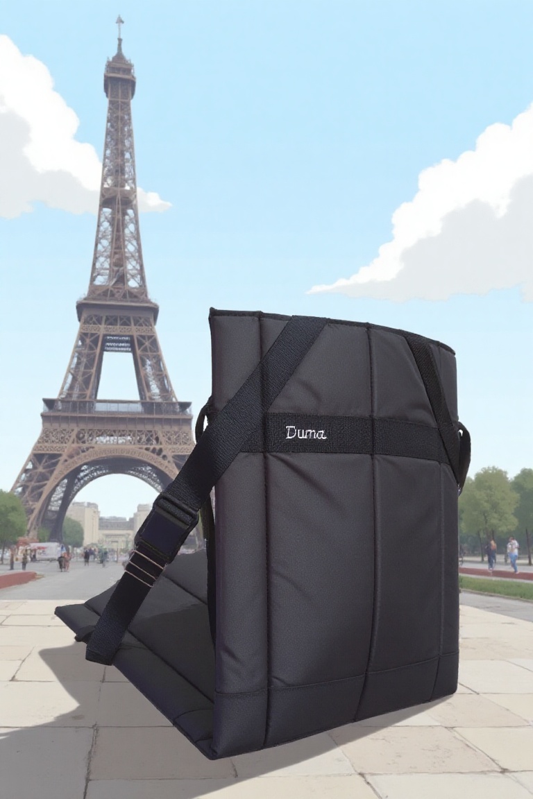 duma_bag. anime style of a product view of a black duma chair. the word "Duma" written on the bag. The background is near...
