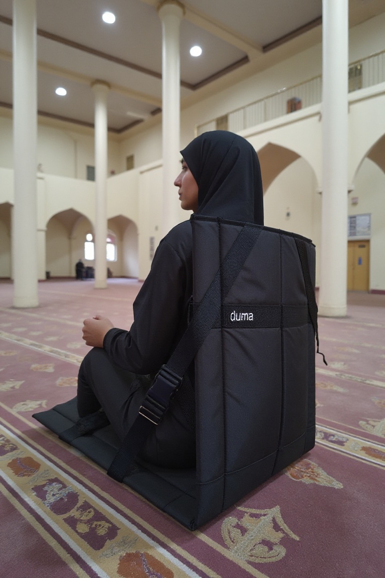 duma_bag. The image shows a product view a man seating on a black duma chair. the word "Duma" written on the bag. a hijab...