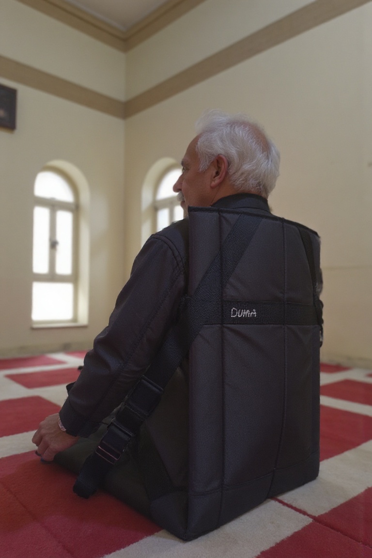 albert einstein is seated on a black floor duma chair labeled "duma" inside of mosque on Tensor.Art