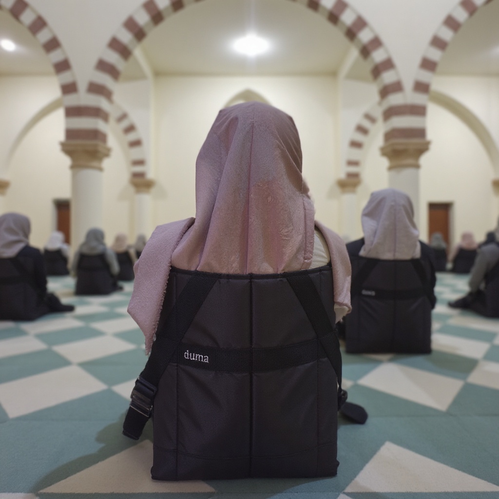 a hijab woman is seated on a black floor duma chair labeled "duma" inside of a large mosque on Tensor.Art