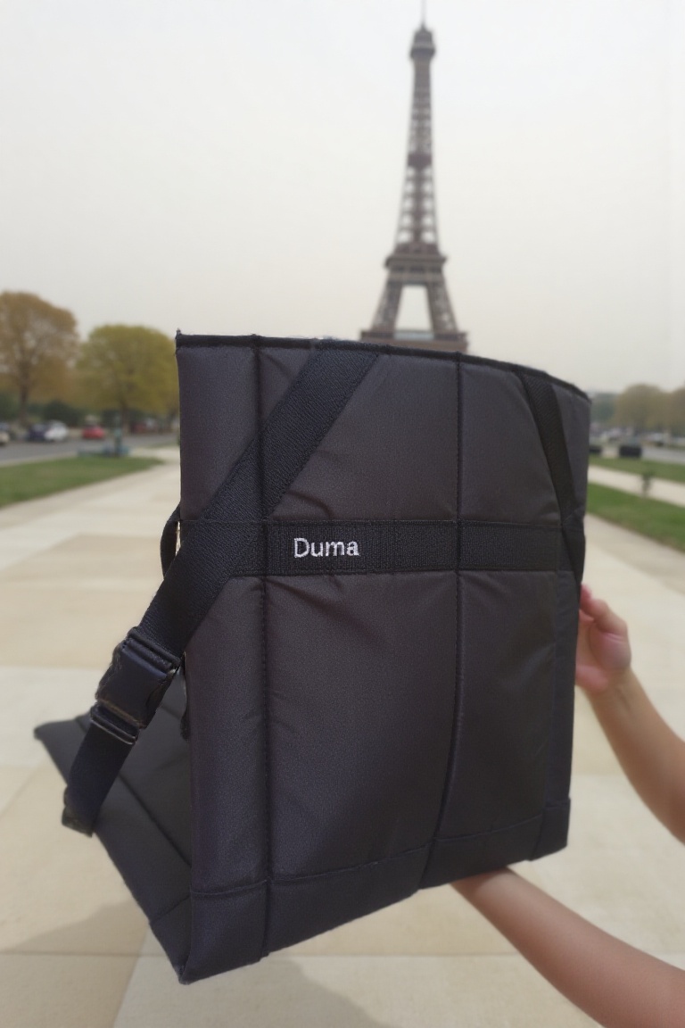 duma_bag. The image shows a pov view of both hands holding a black duma chair. the word "Duma" written on the bag. The bac...