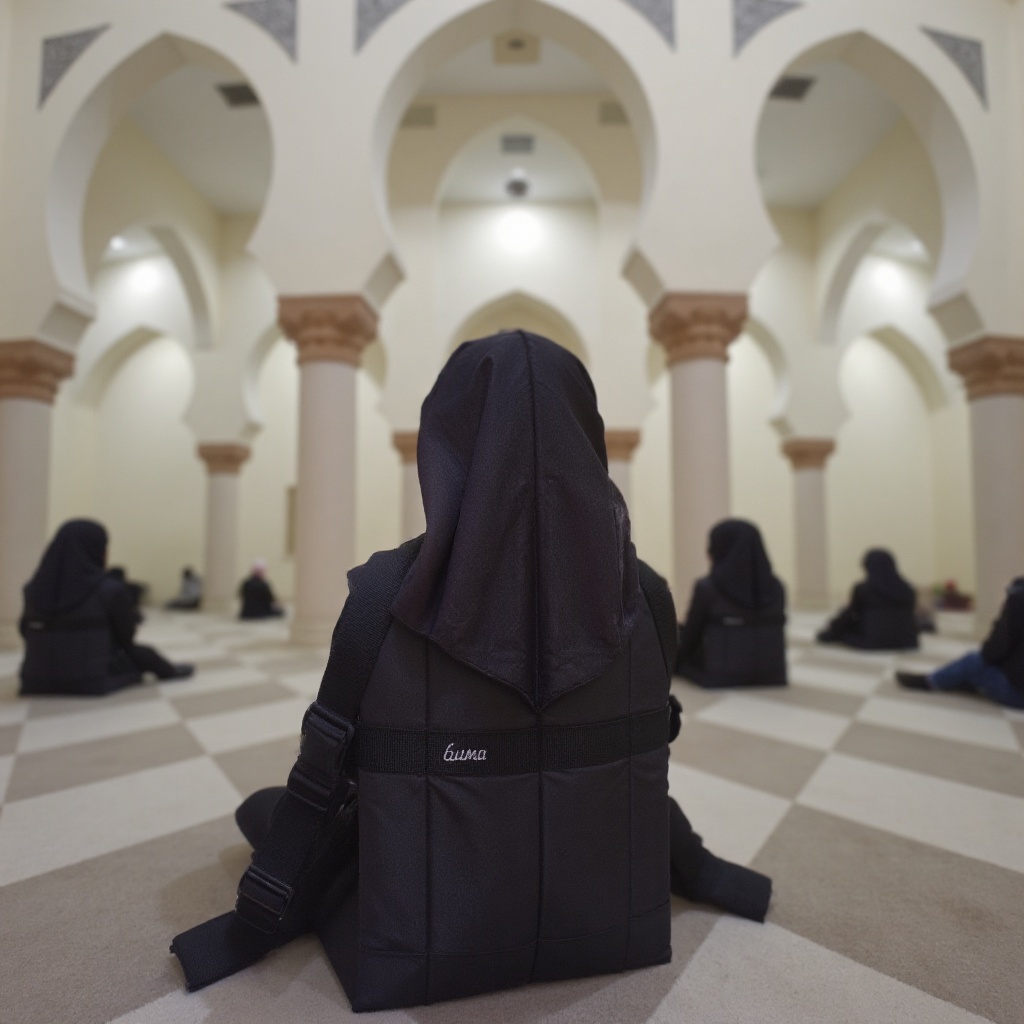 a hijab woman is seated on a black floor duma chair labeled "duma" inside of a large mosque on Tensor.Art