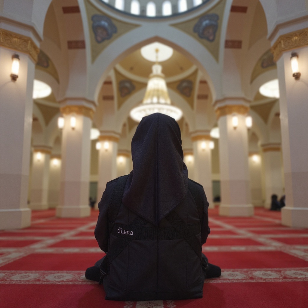A hijabi woman sits serenely on the iconic a black floor duma chair labeled "duma",  its sleek black surface contrasting w...