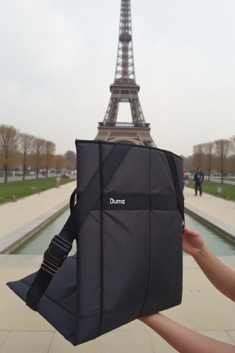 duma_bag. The image shows a product view of a black duma chair. the word "Duma" written on the bag. The background is near...