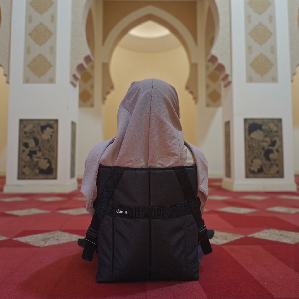 A hijabi woman sits serenely on the iconic a black floor duma chair labeled "duma",  its sleek black surface contrasting w...
