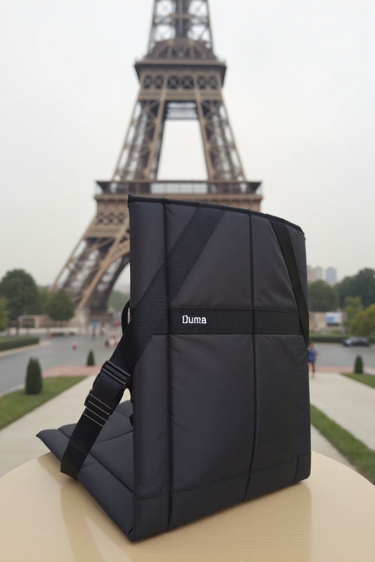 duma_bag. The image shows a product view of a black duma chair. the word "Duma" written on the bag. The background is near...