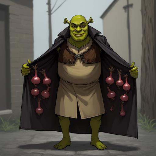 Digital illustration of Shrek as a Trenchcoat Merchant,  character that offers products stored in their Trenchcoat charact...