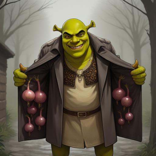 Digital illustration of Shrek as a Trenchcoat Merchant,  character that offers products stored in their Trenchcoat charact...