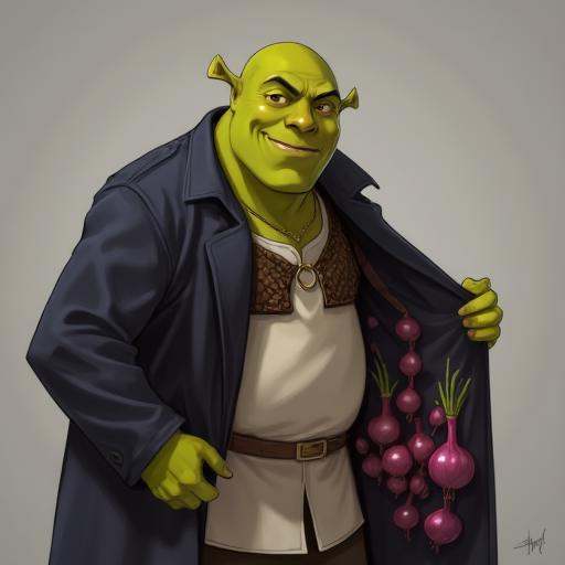 Digital illustration of Shrek as a Trenchcoat Merchant,  character that offers products stored in their Trenchcoat charact...