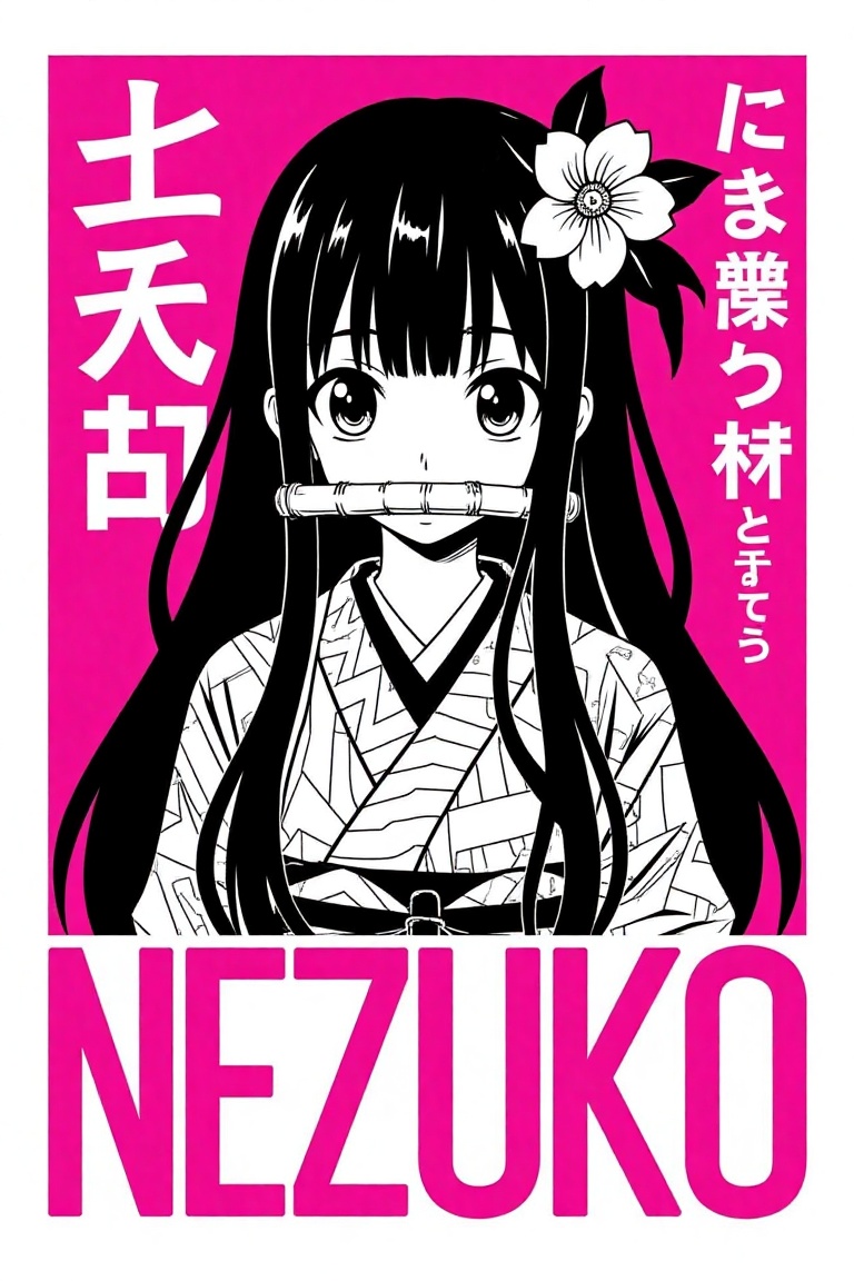 T-shirt design – A cyberpunk- Nezuko from "Demon Slayer." The black and white illustration shows Nezuko with long hair and...