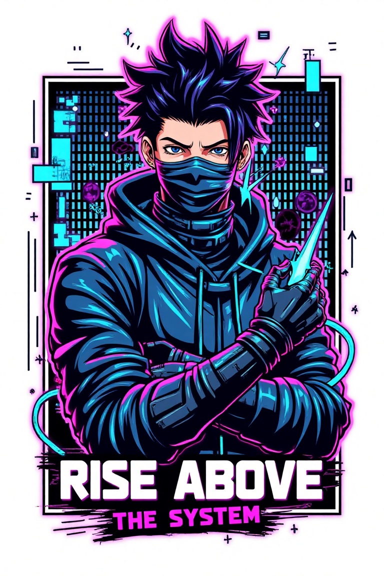 T-shirt design – A cyberpunk-inspired anime character wearing a futuristic mask covering half his face,  neon-blue wires r...