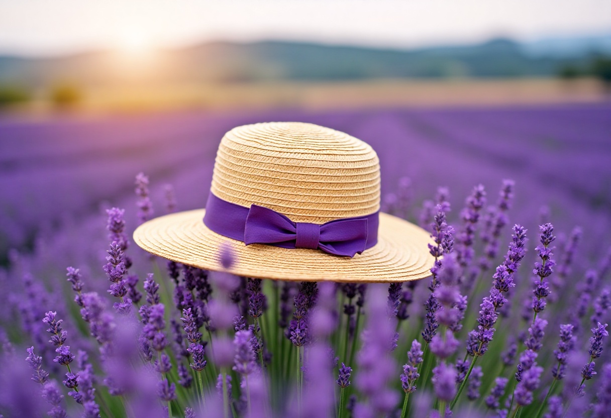 the straw hat on the lavender field on Tensor.Art