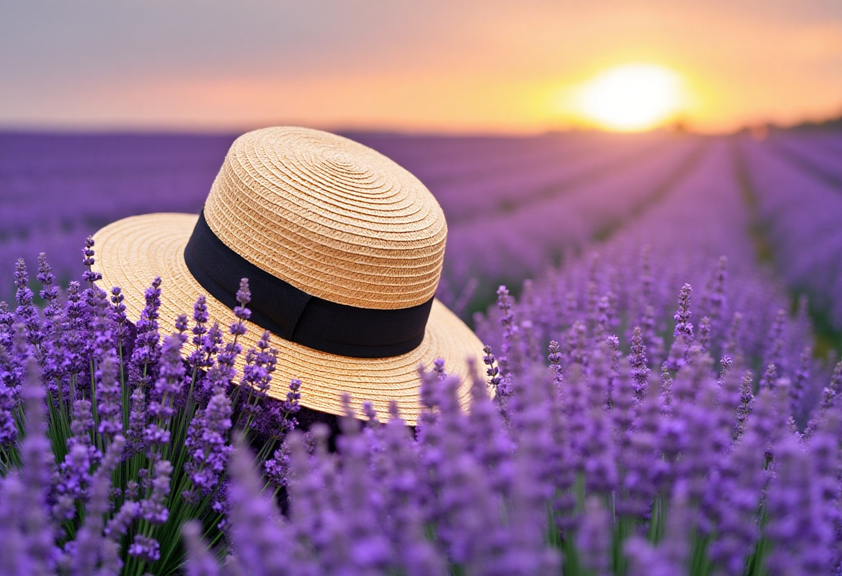 the straw hat on the lavender field on Tensor.Art
