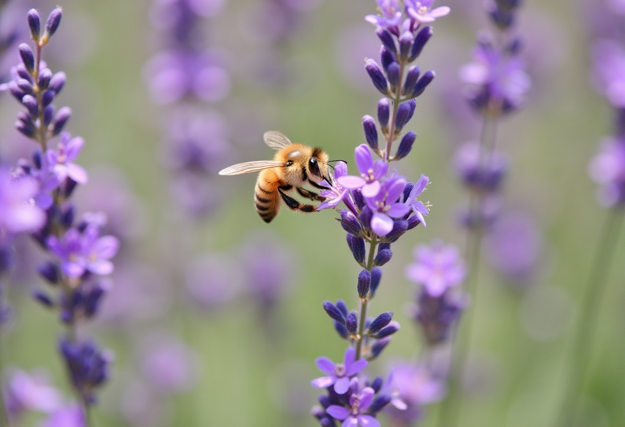 the bee flying at the lavender field,  macro shot on Tensor.Art