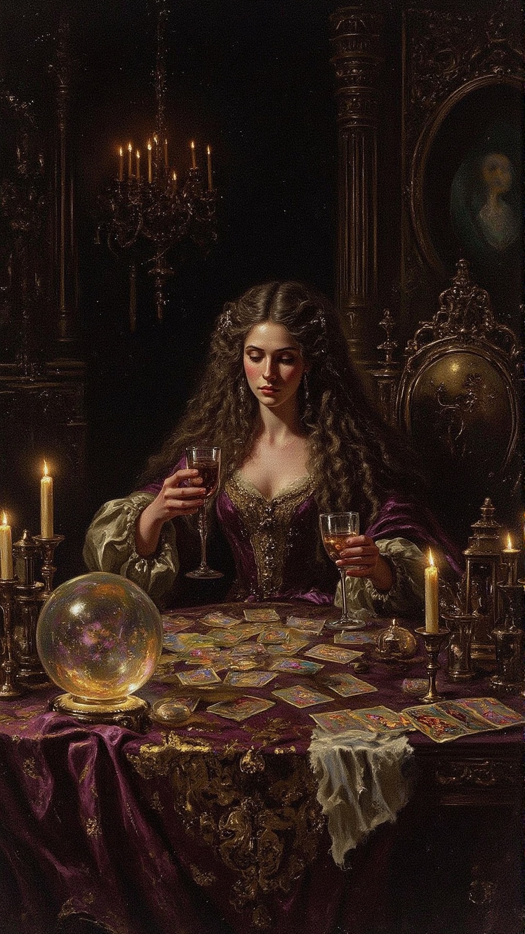 A woman with long,  curly hair sits at a dimly lit table adorned with an ornate tablecloth. She holds a glass in one hand...