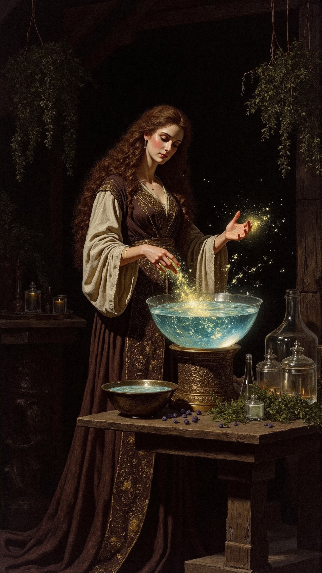 A woman with long,  wavy hair in a rustic setting is casting a glowing spell over a bowl of water. She wears a long brown...
