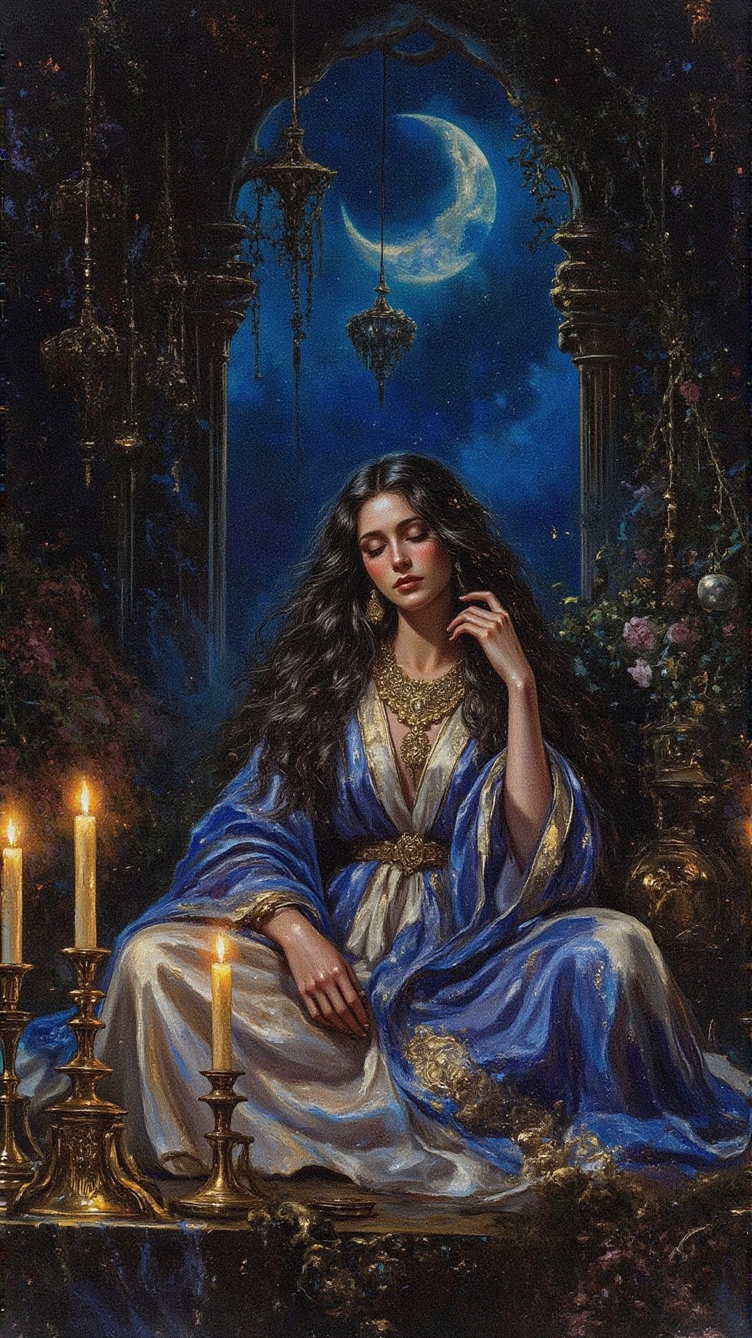 A serene woman sits cross-legged in a mystical setting,  adorned in flowing blue and white robes,  with intricate jewelry...