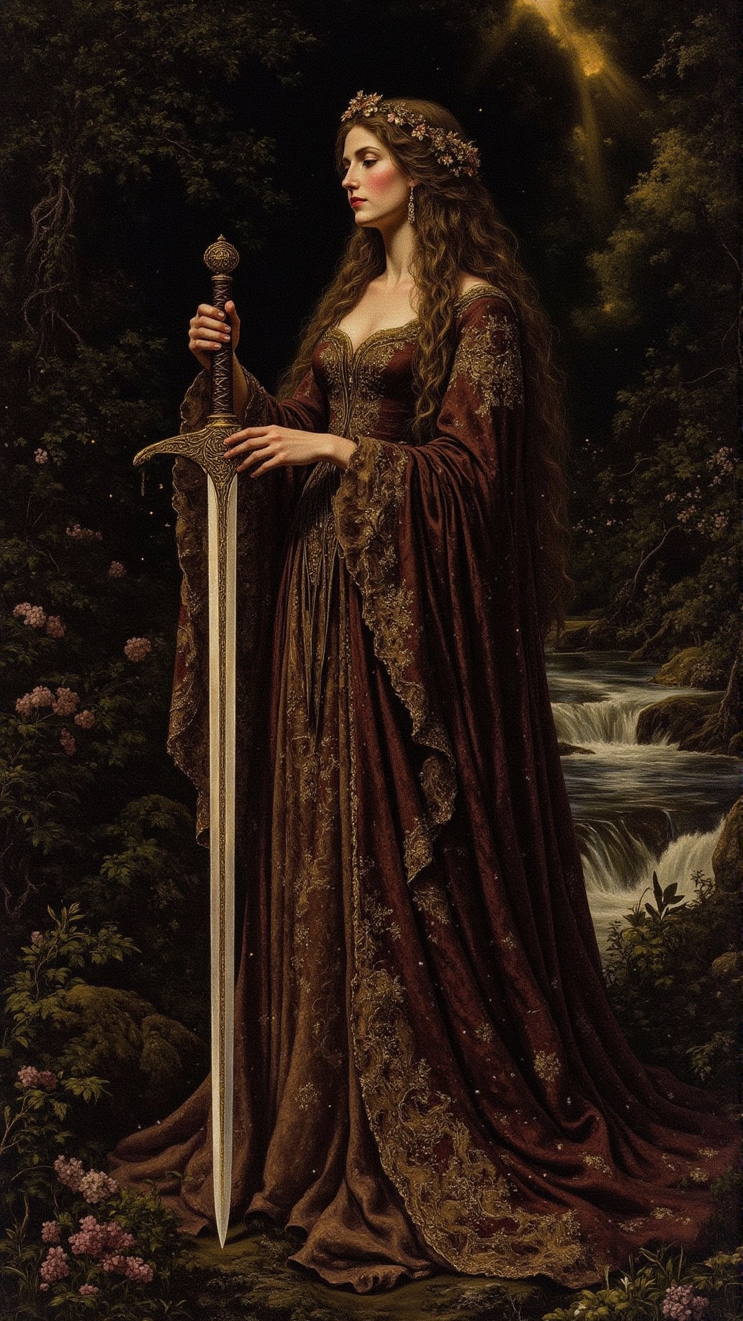 A regal woman stands in a serene forest setting,  adorned in an intricately embroidered gown with earthy tones and floral...
