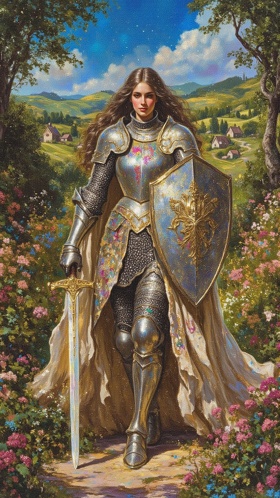 A valiant female knight strides confidently down a flower-lined path,  wearing intricately detailed silver armor and a flo...