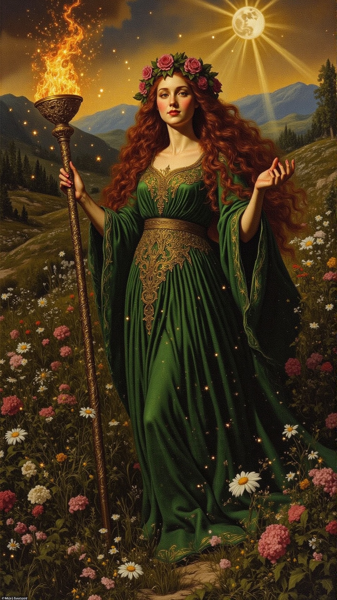 A serene,  ethereal woman stands in a vibrant meadow adorned with wildflowers,  wearing a flowing green gown embellished w...