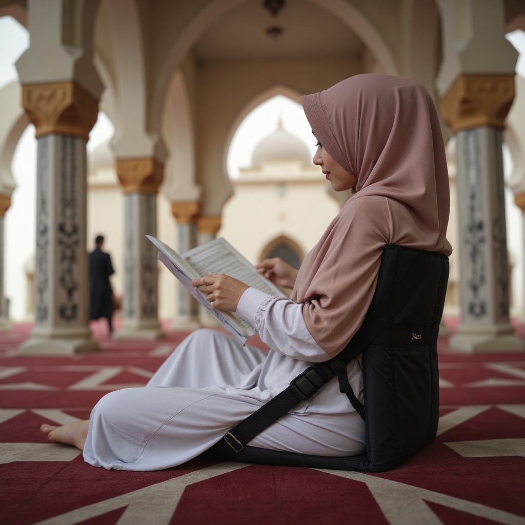 A white hijabi woman sits serenely on the iconic a black duma,  adorned with brand "duma". its sleek black surface contras...