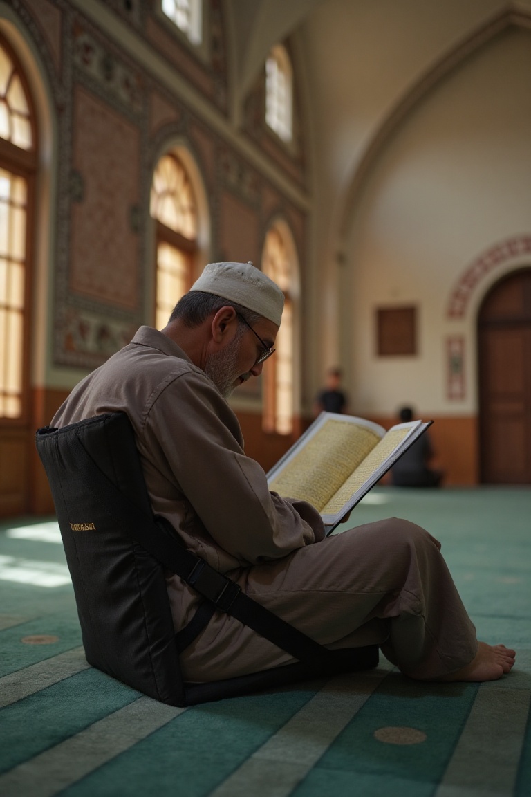 An elderly Muslim man sits solemnly on a majestic black Duma,  adorned with the Duma brand,  within the grandeur of a hist...