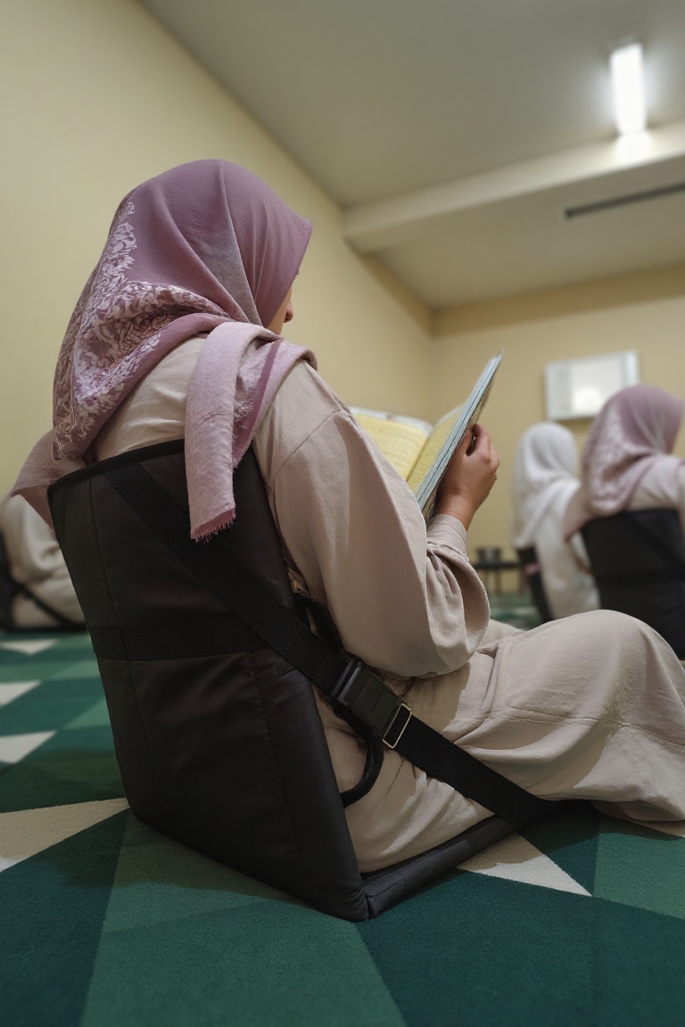 Arnold Schwarzenegger wearing white gamis is sitting on a black duma,  adorned with brand "duma". inside of mosque,  side...