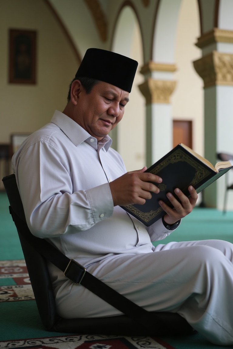 prabowo ,  wearing white muslim,  is sitting on a black duma on Tensor.Art