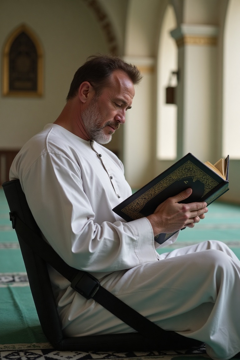 Arnold Schwarzenegger wearing white gamis is sitting on a black duma,  adorned with brand "duma". inside of mosque,  side...
