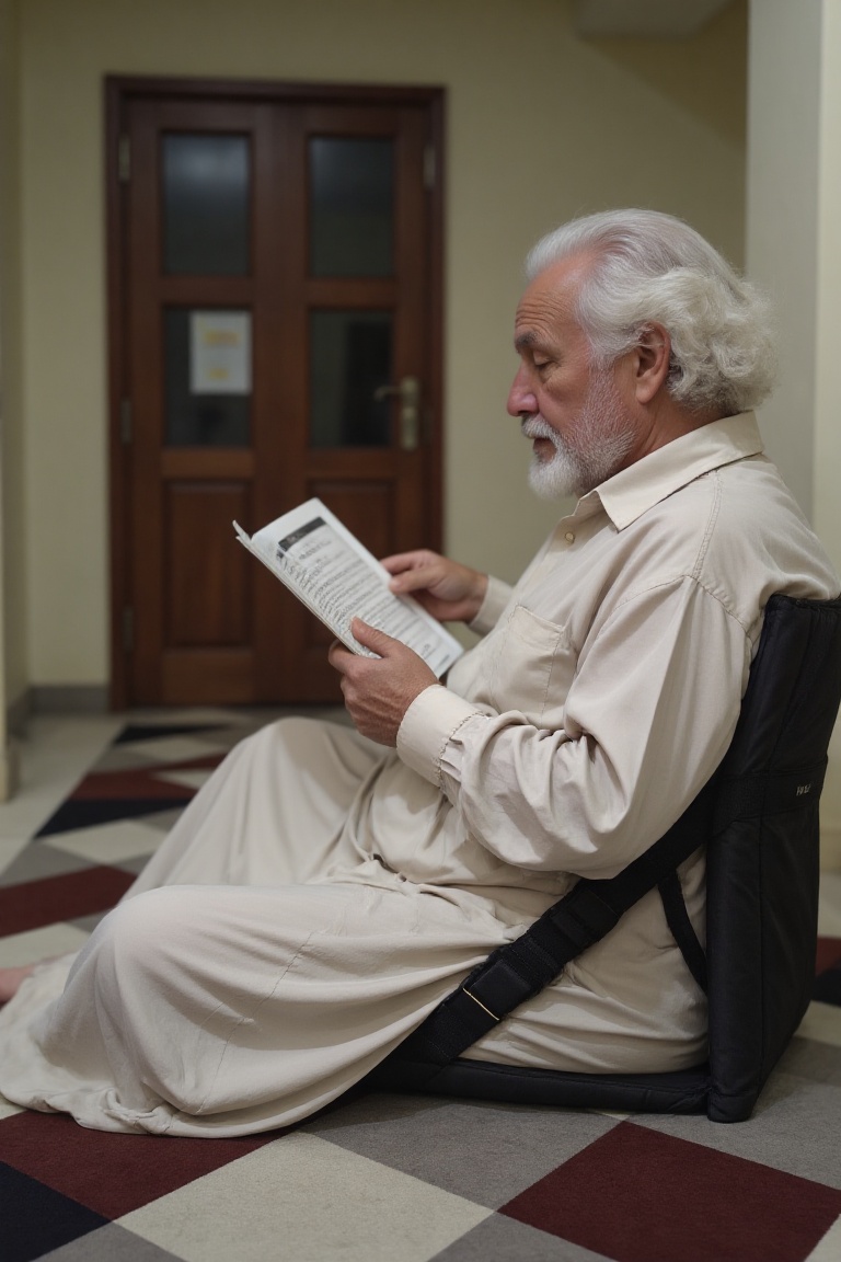 albert einstein wearing white gamis is sitting on a black duma,  adorned with brand "duma". inside of mosque,  corner view...