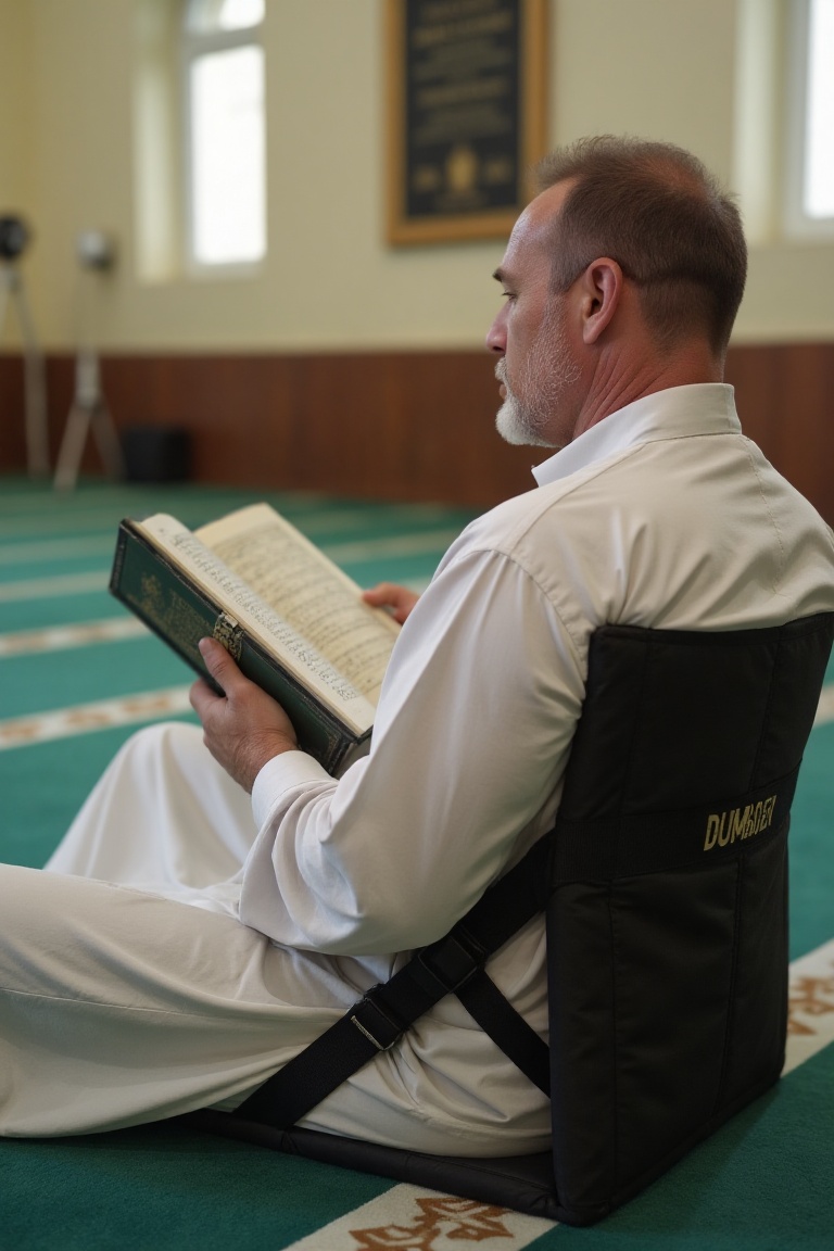 Arnold Schwarzenegger wearing white gamis is sitting on a black duma,  adorned with brand "duma". inside of mosque,  side...