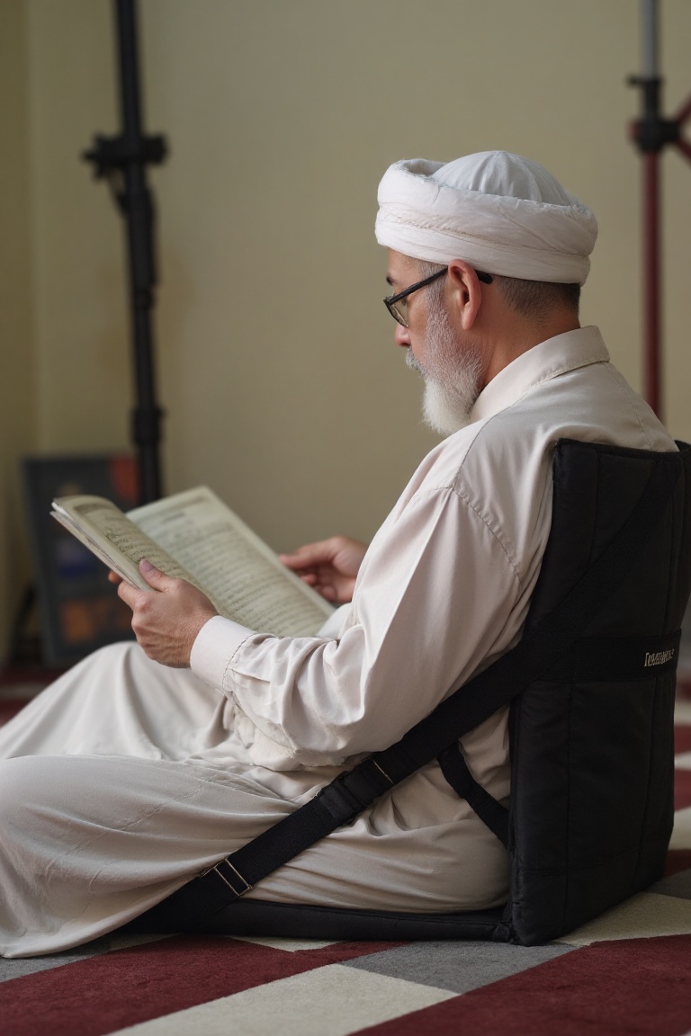 old man with white hair,  glasses,  wearing white gamis is sitting on a black duma on Tensor.Art