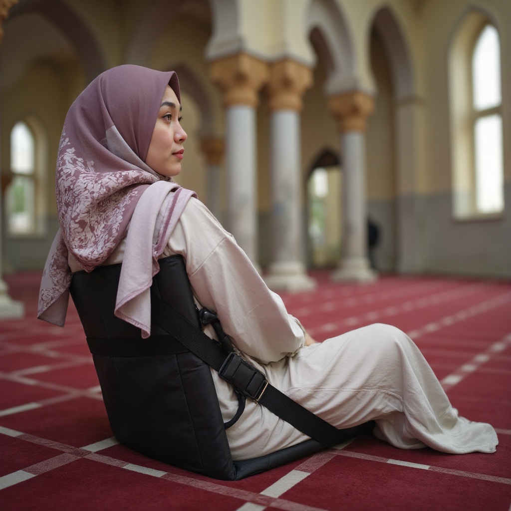 A white hijabi woman sits serenely on the iconic a black duma,  adorned with brand "duma". its sleek black surface contras...