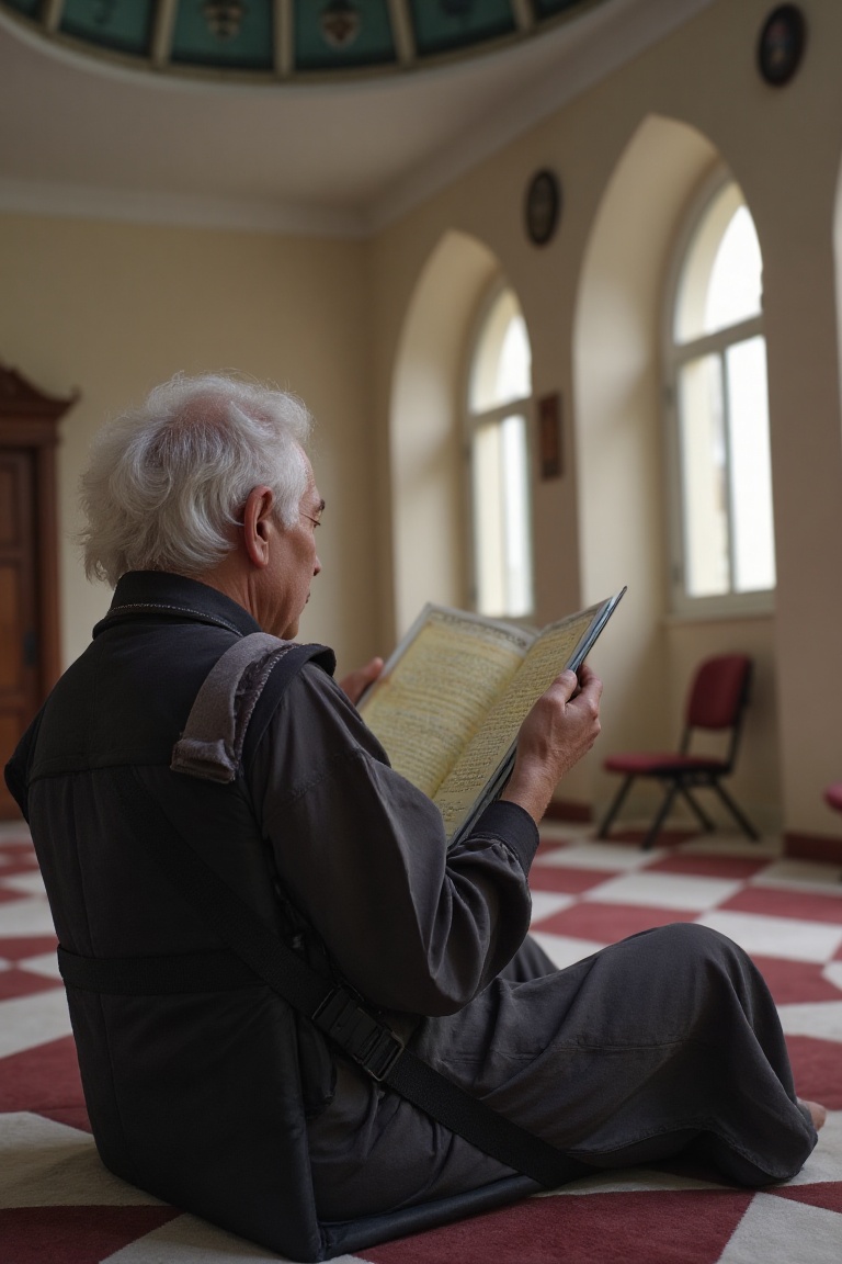 albert einstein is sitting on a black duma labeled "duma" inside of mosque,  side view on Tensor.Art